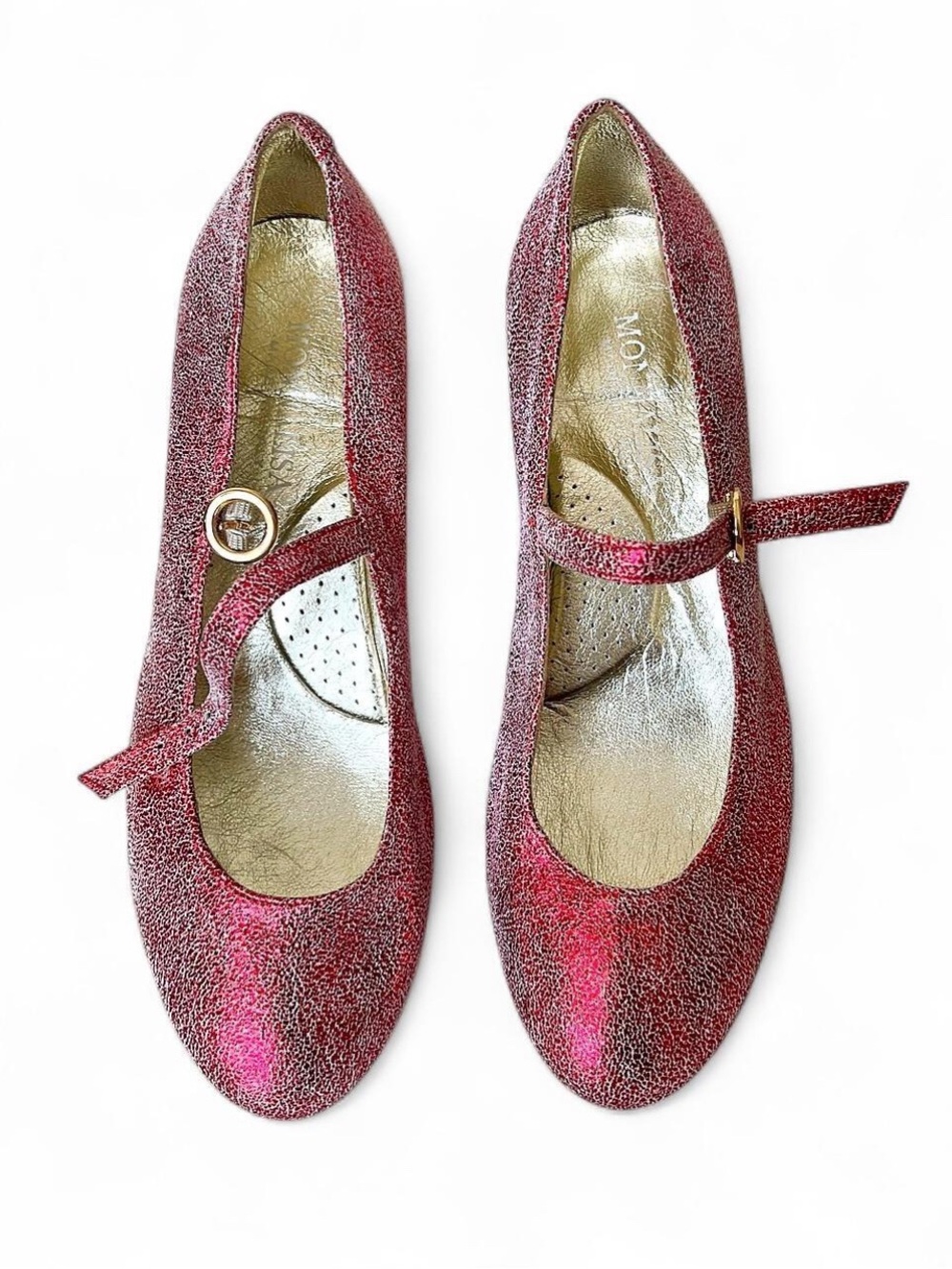 NWOB - Monnalisa Italian Leather Red Glitter Mary Jane Pump Shoes
